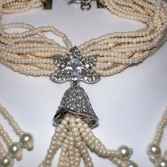 Indian white gold plated cubic zirconia glass pearl bracelet earrings set - Picture 4 of 8